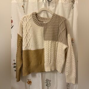 Cozy Patchwork Cable Knit Sweater - Cream, Tan, Brown